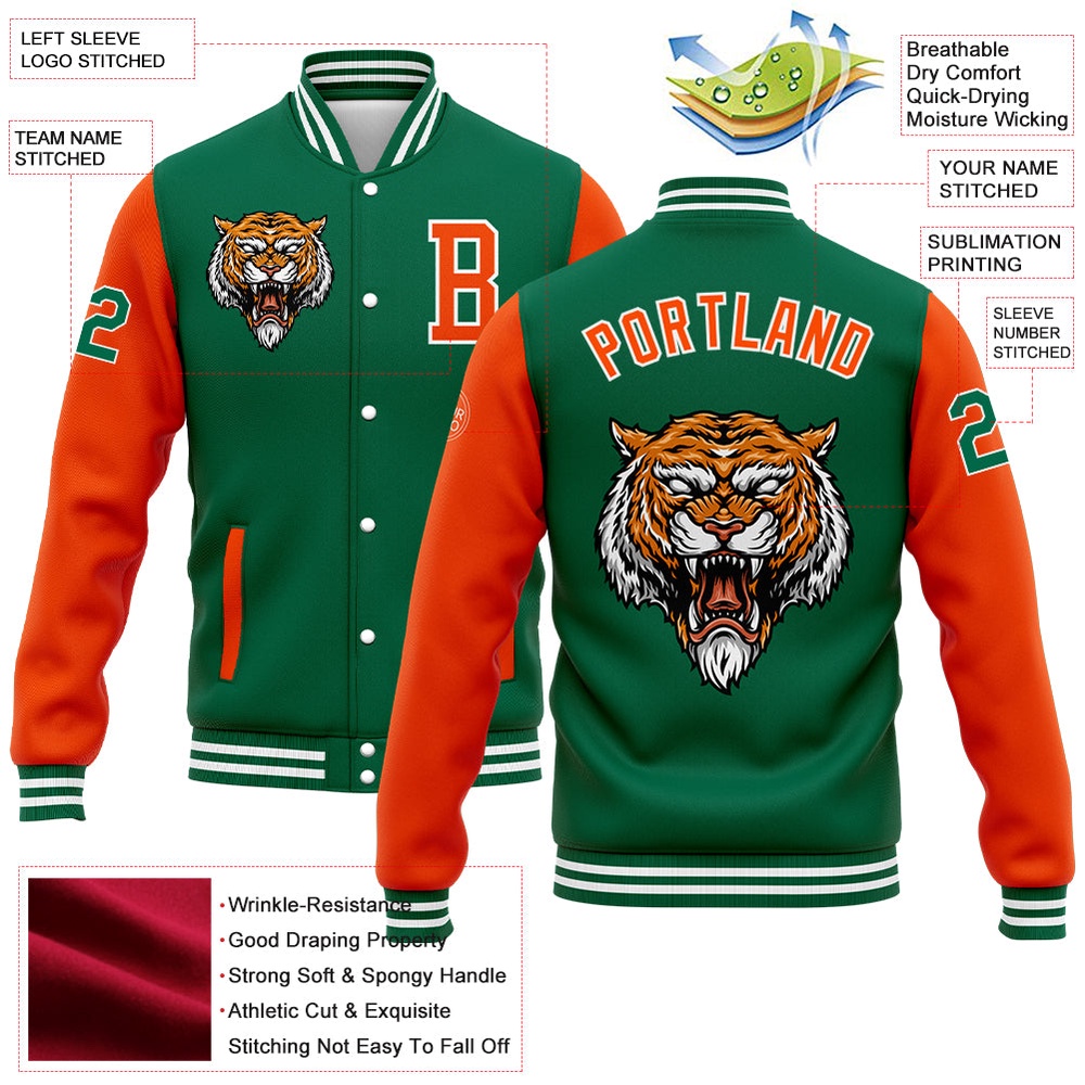 Custom Kelly Green Orange White 3D Pattern Design Bomber Full Snap Baseball Jacket, Custom Team Jacket