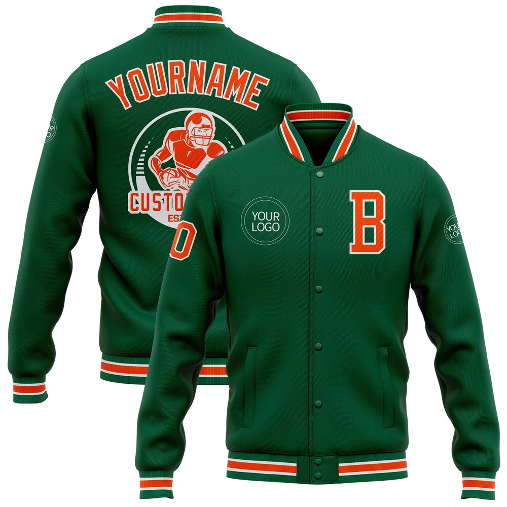 Custom Kelly Green Orange White Bomber Full Snap Baseball Jacket, Custom Team Jacket