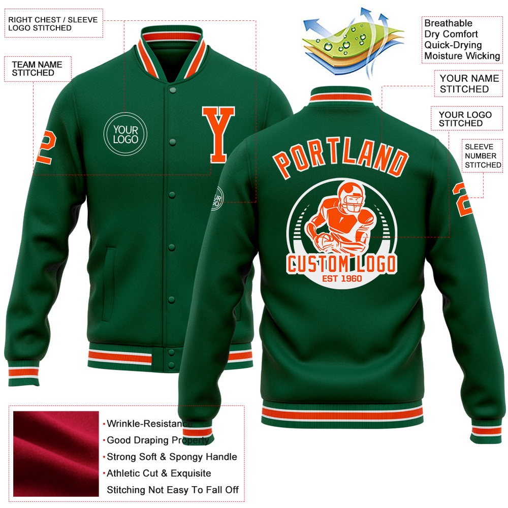 Custom Kelly Green Orange White Bomber Full Snap Baseball Jacket, Custom Team Jacket