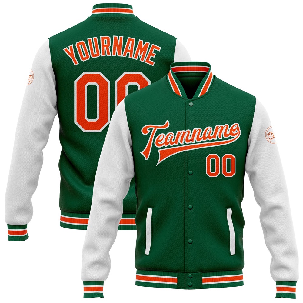 Custom Kelly Green Orange White Bomber Full Snap Varsity Baseball Jacket, Custom Team Jacket Custom Kelly Green Orange White Bomber Full Snap Varsity Baseball Jacket, Custom Team Jacket