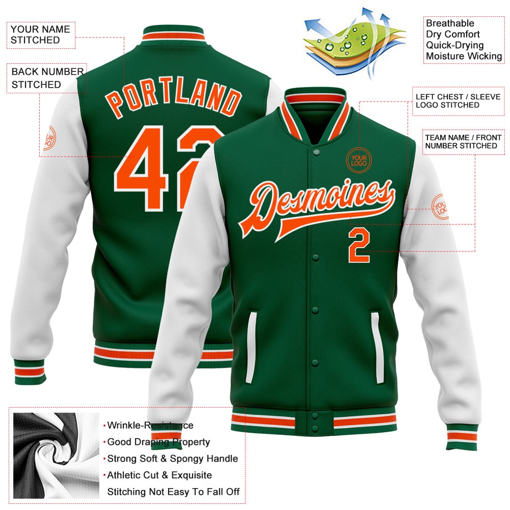 Custom Kelly Green Orange White Bomber Full Snap Varsity Baseball Jacket, Custom Team Jacket Custom Kelly Green Orange White Bomber Full Snap Varsity Baseball Jacket, Custom Team Jacket
