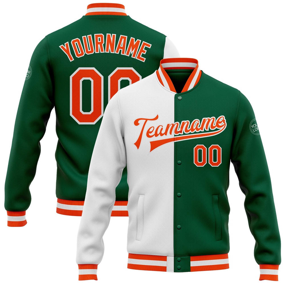 Custom Kelly Green Orange White Bomber Full Snap Varsity Letterman Split Fashion Jacket, Custom Team Jacket Custom Kelly Green Orange White Bomber Full Snap Varsity Letterman Split Fashion Jacket, Custom Team Jacket