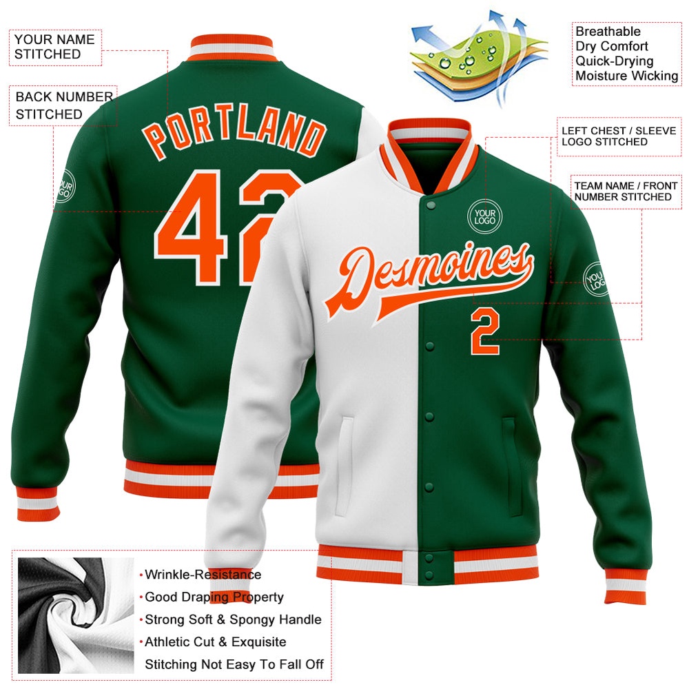 Custom Kelly Green Orange White Bomber Full Snap Varsity Letterman Split Fashion Jacket, Custom Team Jacket Custom Kelly Green Orange White Bomber Full Snap Varsity Letterman Split Fashion Jacket, Custom Team Jacket