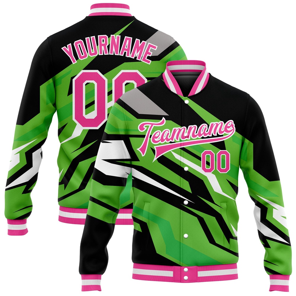 Custom Kelly Green Pink Black 3D Pattern Design Bomber Full Snap Baseball Jacket, Custom Team Jacket