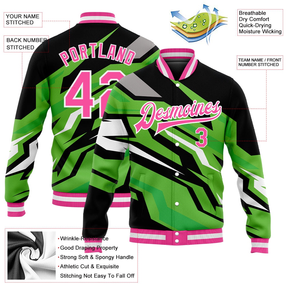 Custom Kelly Green Pink Black 3D Pattern Design Bomber Full Snap Baseball Jacket, Custom Team Jacket