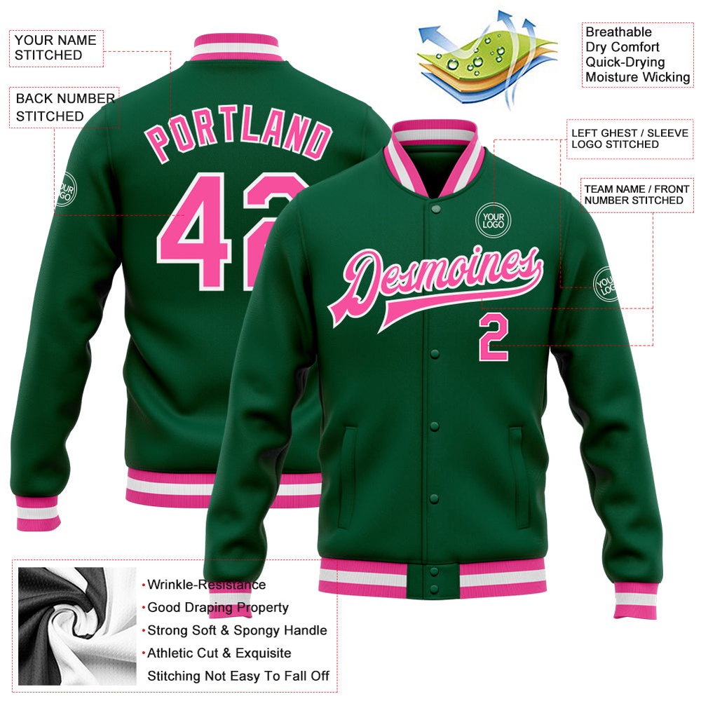 Custom Kelly Green Pink White Bomber Full Snap Baseball Jacket, Custom Team Jacket