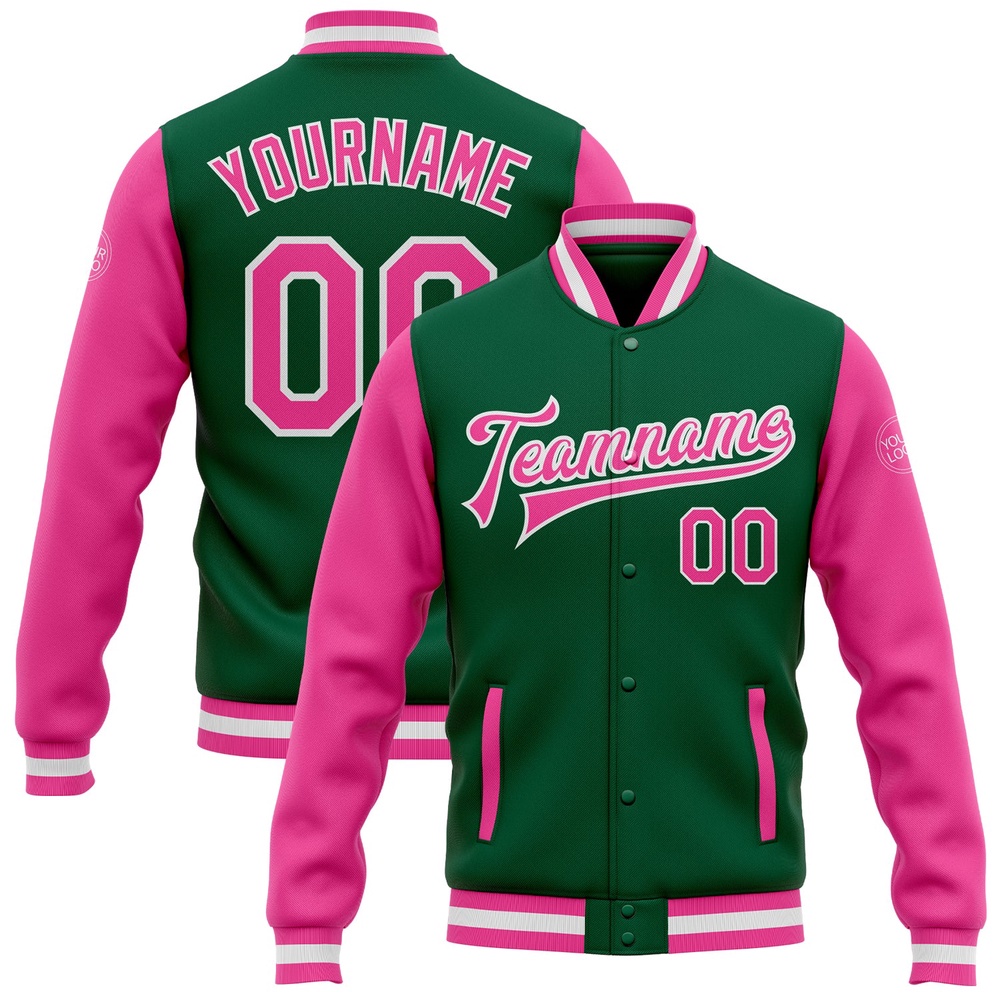 Custom Kelly Green Pink White Bomber Full Snap Varsity Baseball Jacket, Custom Team Jacket Custom Kelly Green Pink White Bomber Full Snap Varsity Baseball Jacket, Custom Team Jacket