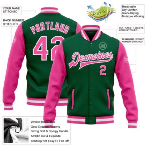 Custom Kelly Green Pink White Bomber Full Snap Varsity Baseball Jacket Custom Team Jacket 2 bhqxeg.jpg