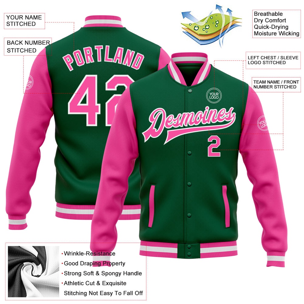 Custom Kelly Green Pink White Bomber Full Snap Varsity Baseball Jacket, Custom Team Jacket Custom Kelly Green Pink White Bomber Full Snap Varsity Baseball Jacket, Custom Team Jacket