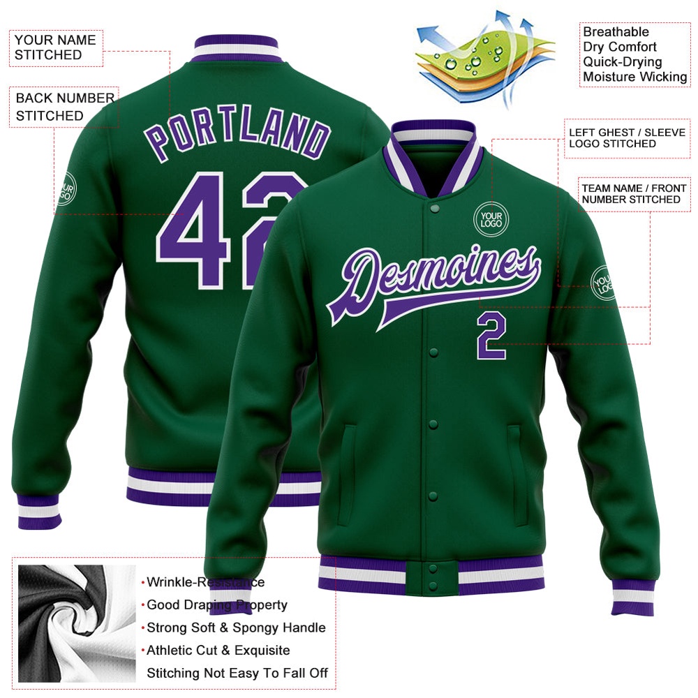 Custom Kelly Green Purple White Bomber Full Snap Baseball Jacket, Custom Team Jacket Custom Kelly Green Purple White Bomber Full Snap Baseball Jacket, Custom Team Jacket