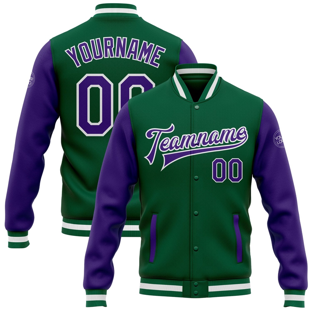 Custom Kelly Green Purple White Bomber Full Snap Varsity Baseball Jacket, Custom Team Jacket Custom Kelly Green Purple White Bomber Full Snap Varsity Baseball Jacket, Custom Team Jacket