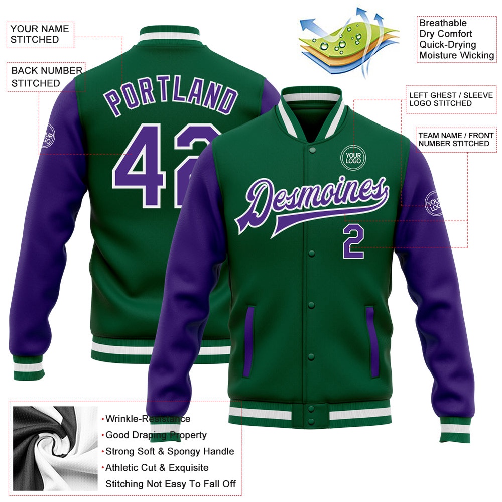 Custom Kelly Green Purple White Bomber Full Snap Varsity Baseball Jacket, Custom Team Jacket Custom Kelly Green Purple White Bomber Full Snap Varsity Baseball Jacket, Custom Team Jacket