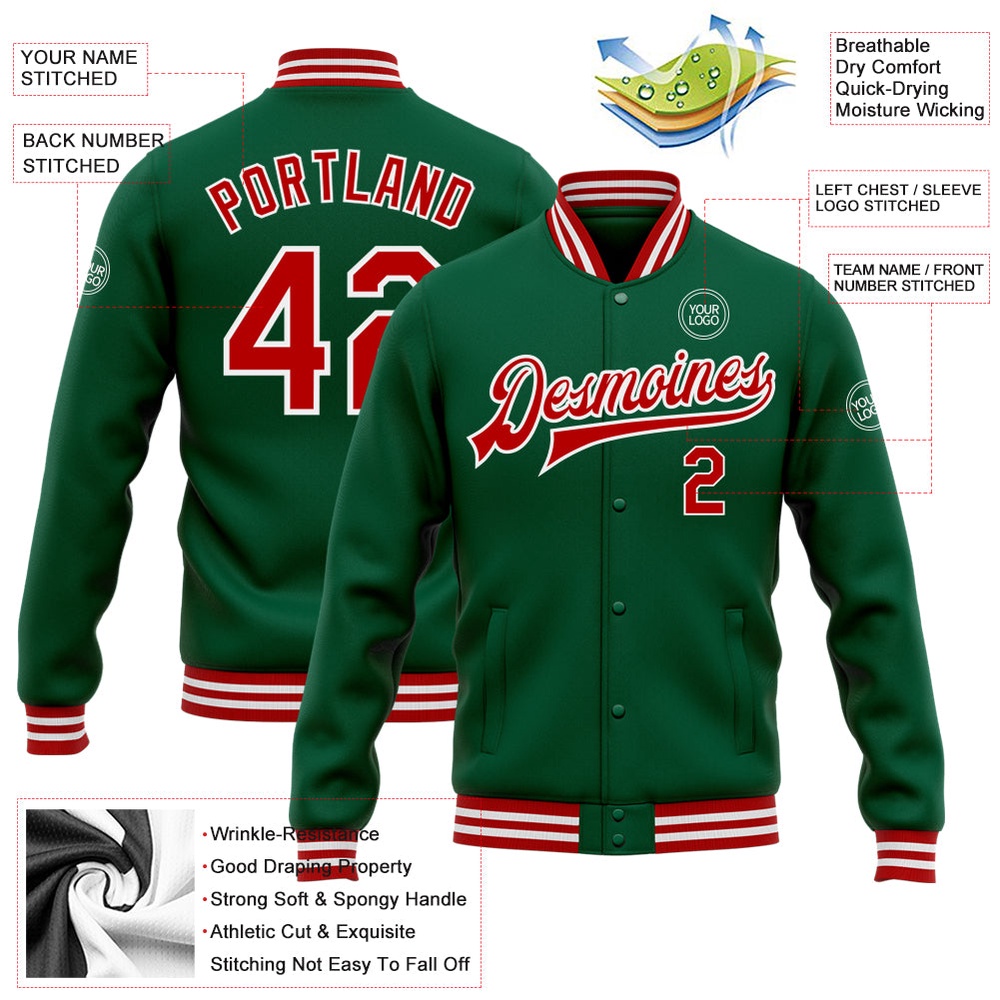 Custom Kelly Green Red White Bomber Full Snap Baseball Jacket, Custom Team Jacket