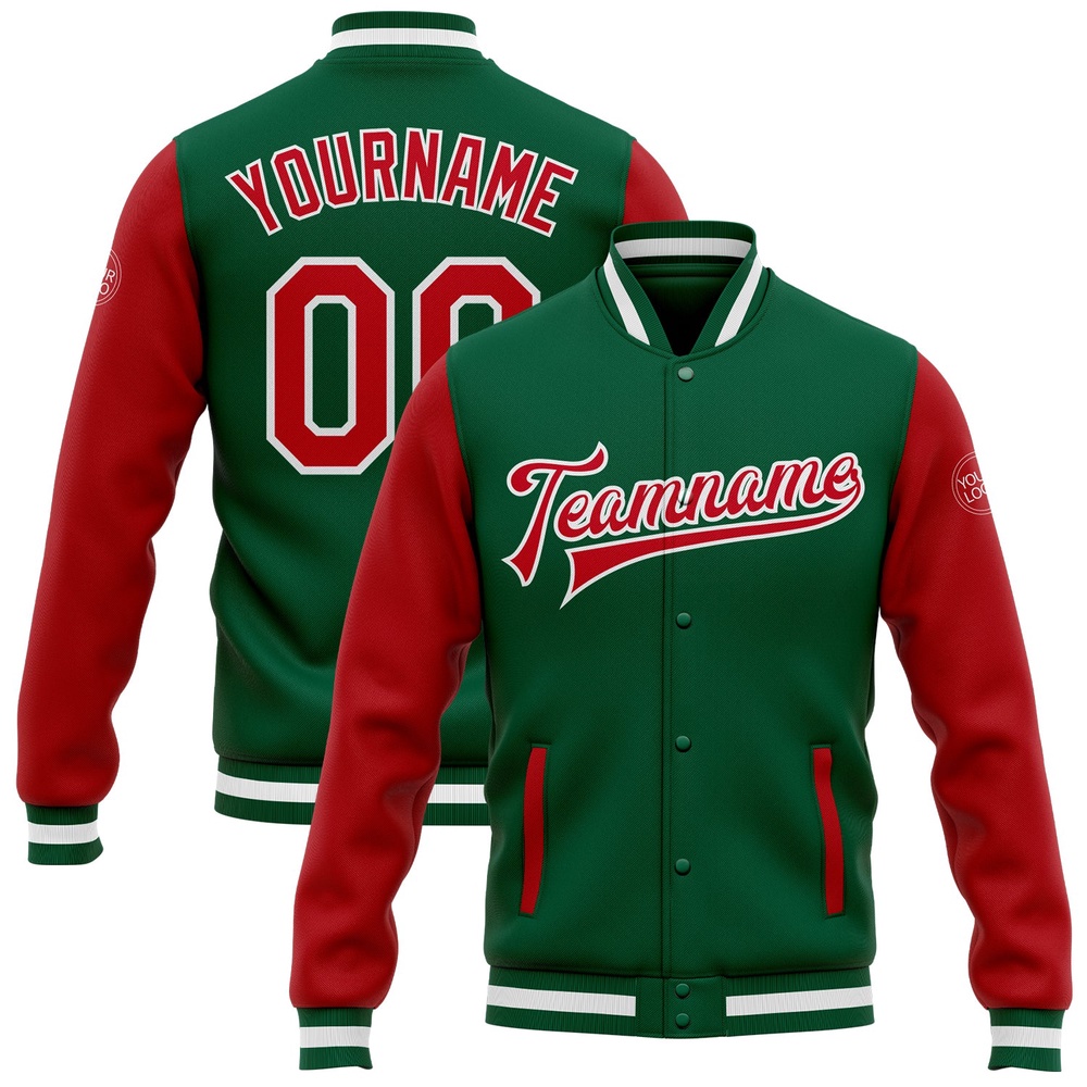 Custom Kelly Green Red White Bomber Full Snap Varsity Baseball Jacket, Custom Team Jacket