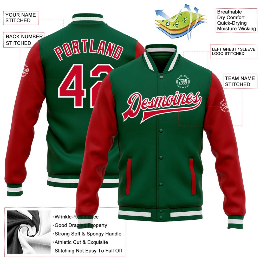 Custom Kelly Green Red White Bomber Full Snap Varsity Baseball Jacket, Custom Team Jacket