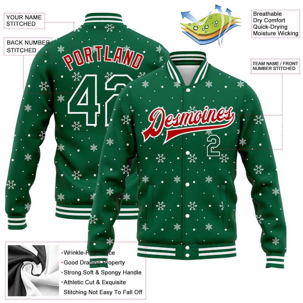 Custom Kelly Green Red White Christmas 3D Bomber Full Snap Baseball Jacket, Custom Team Jacket