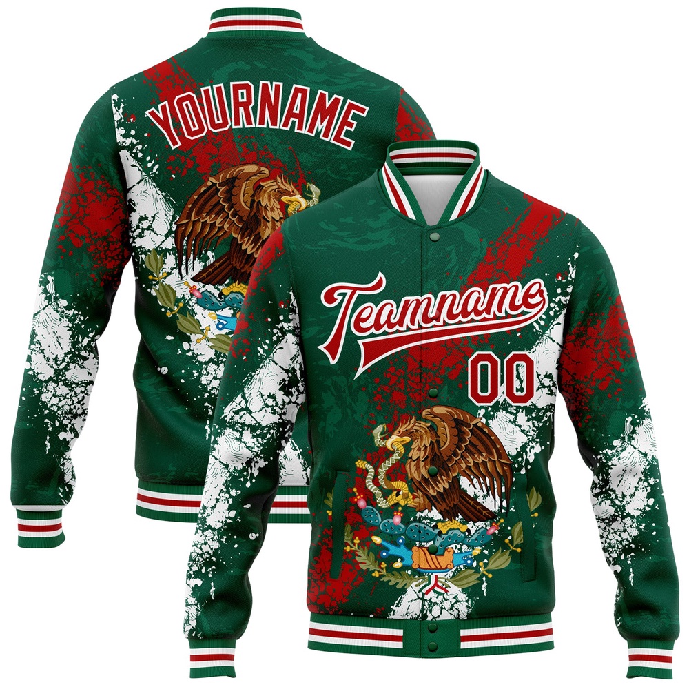 Custom Kelly Green Red White Mexico 3D Bomber Full Snap Baseball Jacket, Custom Team Jacket