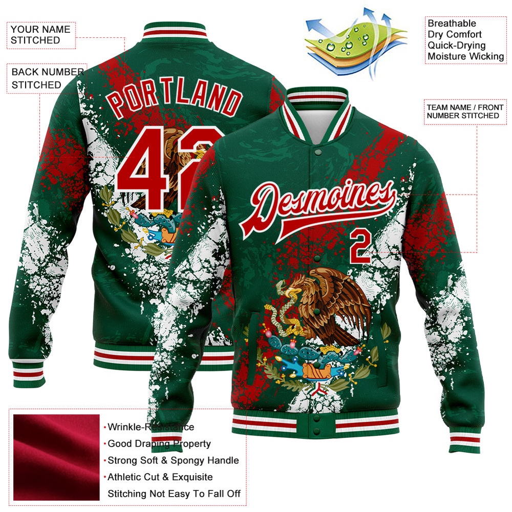 Custom Kelly Green Red White Mexico 3D Bomber Full Snap Baseball Jacket, Custom Team Jacket