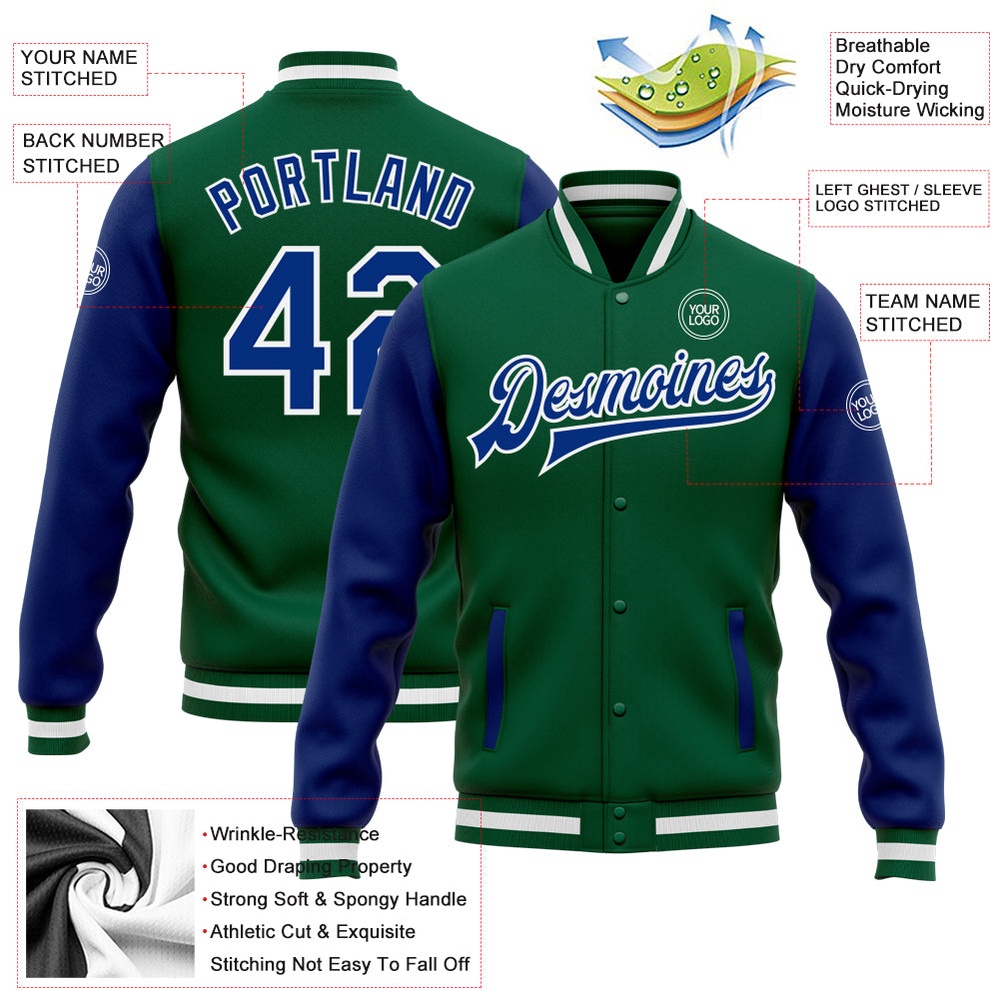 Custom Kelly Green Royal White Bomber Full Snap Varsity Baseball Jacket, Custom Team Jacket Custom Kelly Green Royal White Bomber Full Snap Varsity Baseball Jacket, Custom Team Jacket