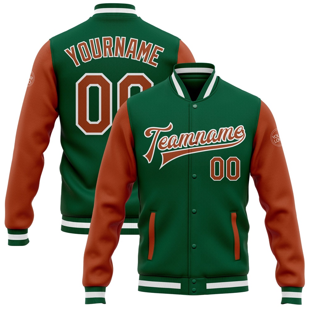 Custom Kelly Green Texas Orange White Bomber Full Snap Varsity Baseball Jacket, Custom Team Jacket