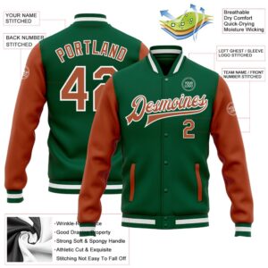 Custom Kelly Green Texas Orange White Bomber Full Snap Varsity Baseball Jacket Custom Team Jacket 2 rmnitz.jpg