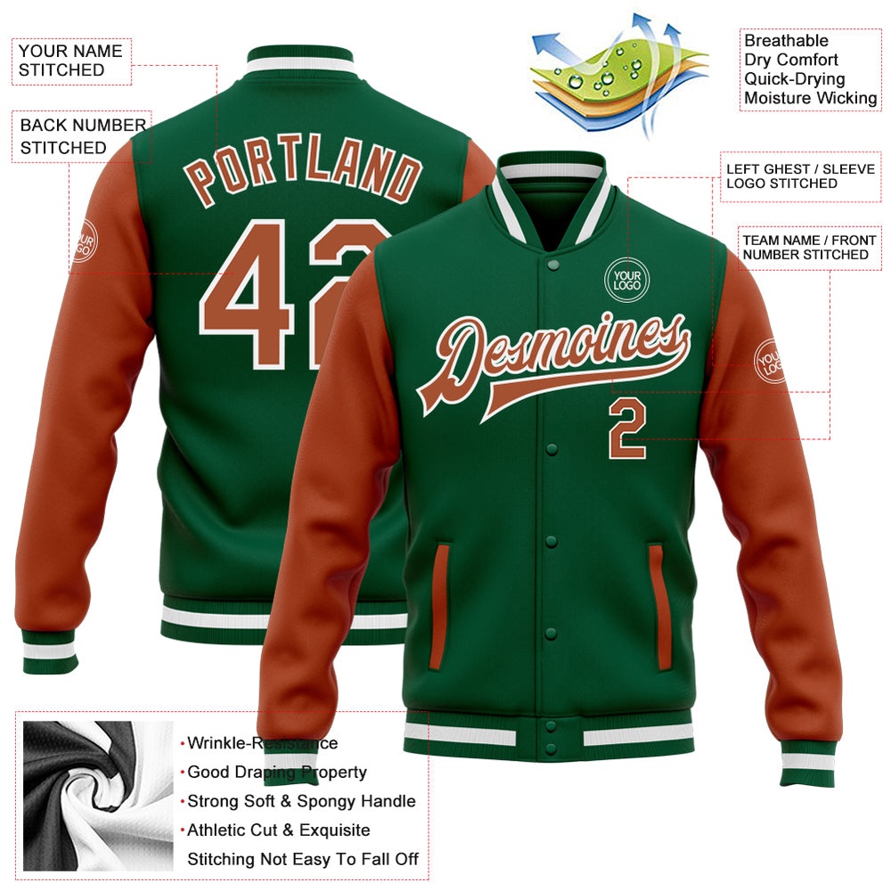 Custom Kelly Green Texas Orange White Bomber Full Snap Varsity Baseball Jacket, Custom Team Jacket