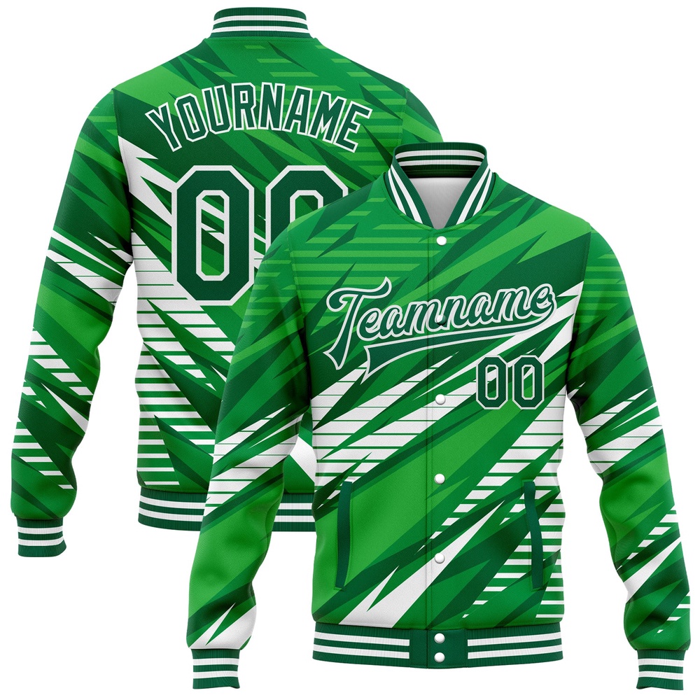 Custom Kelly Green White 3D Pattern Design Bomber Full Snap Baseball Jacket, Custom Team Jacket