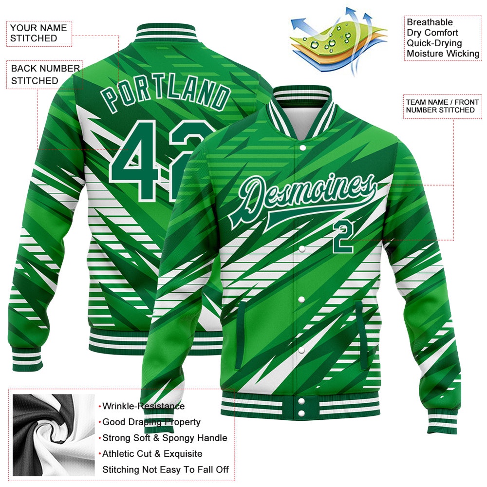 Custom Kelly Green White 3D Pattern Design Bomber Full Snap Baseball Jacket, Custom Team Jacket