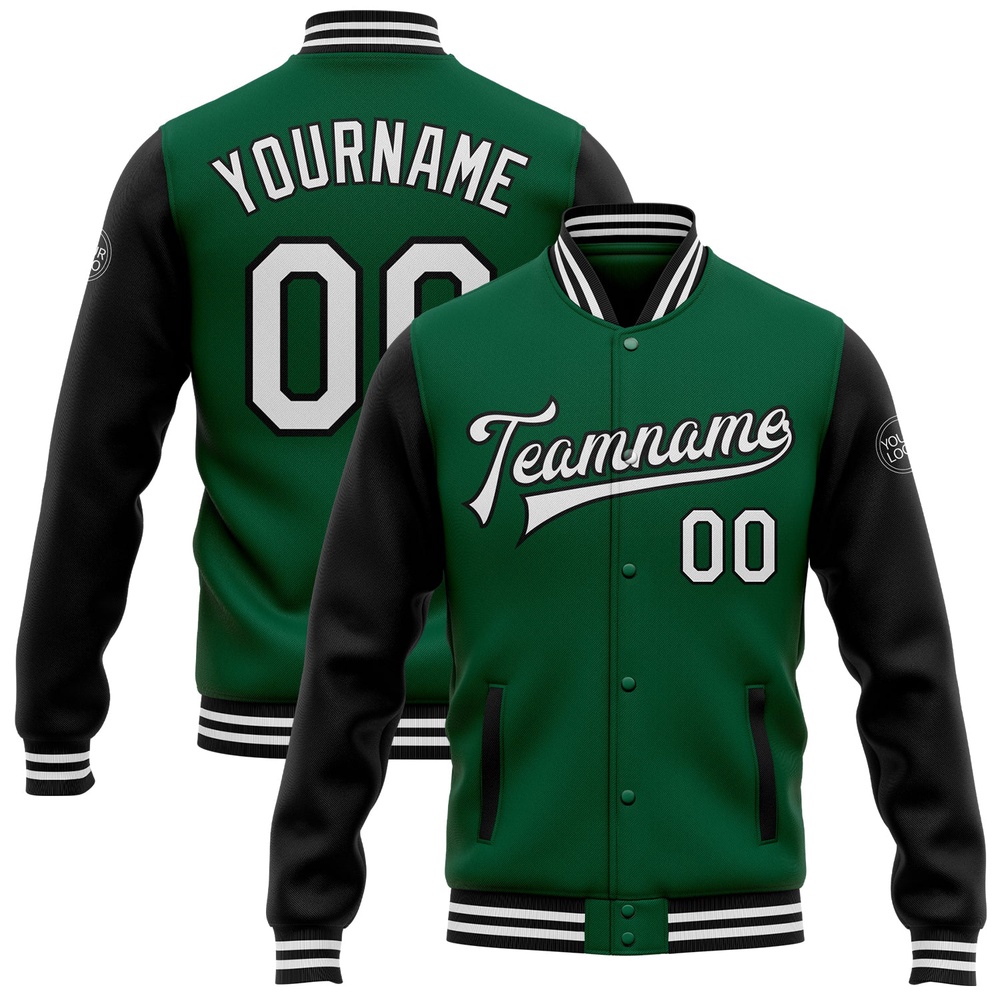 Custom Kelly Green White Black Bomber Full Snap Varsity Baseball Jacket, Custom Team Jacket Custom Kelly Green White Black Bomber Full Snap Varsity Baseball Jacket, Custom Team Jacket