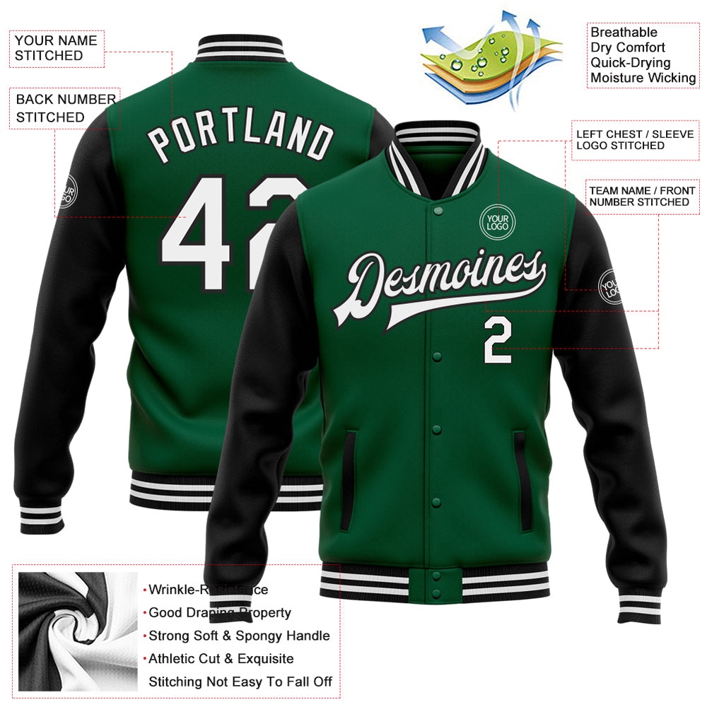Custom Kelly Green White Black Bomber Full Snap Varsity Baseball Jacket, Custom Team Jacket Custom Kelly Green White Black Bomber Full Snap Varsity Baseball Jacket, Custom Team Jacket
