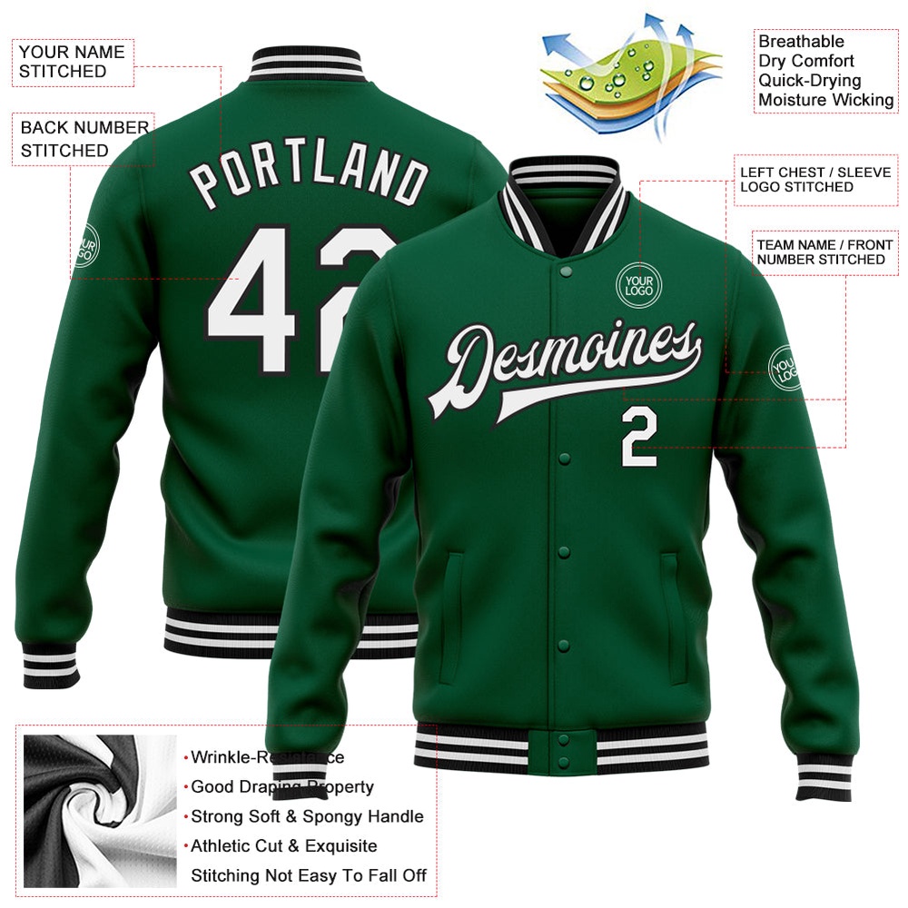 Custom Kelly Green White Black Bomber Full Snap Varsity Letterman Jacket, Custom Team Jacket