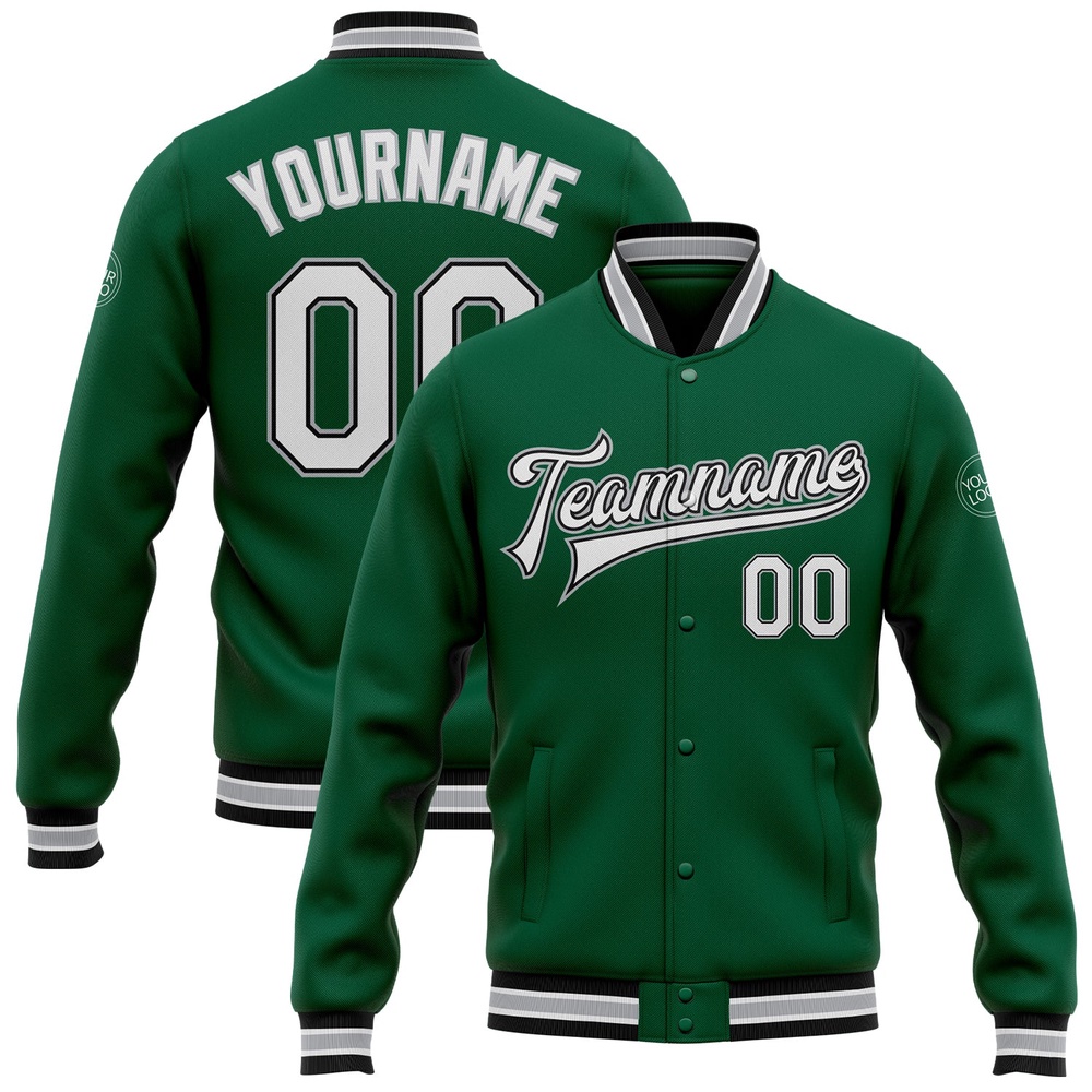 Custom Kelly Green White Black Gray Bomber Full Snap Baseball Jacket, Custom Team Jacket