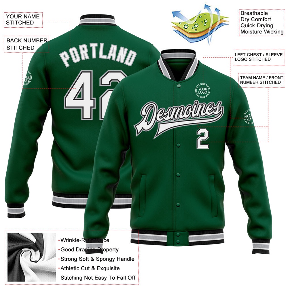 Custom Kelly Green White Black Gray Bomber Full Snap Baseball Jacket, Custom Team Jacket