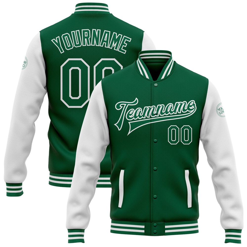 Custom Kelly Green White Bomber Full Snap Varsity Baseball Jacket, Custom Team Jacket Custom Kelly Green White Bomber Full Snap Varsity Baseball Jacket, Custom Team Jacket