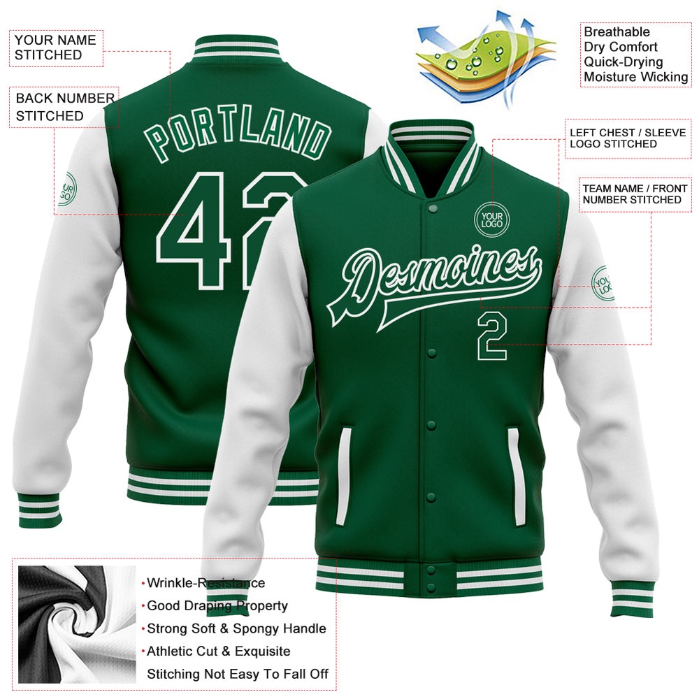 Custom Kelly Green White Bomber Full Snap Varsity Baseball Jacket, Custom Team Jacket Custom Kelly Green White Bomber Full Snap Varsity Baseball Jacket, Custom Team Jacket
