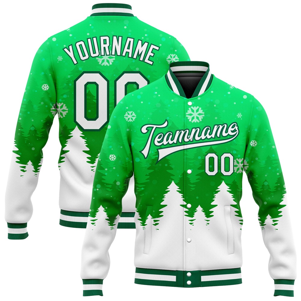 Custom Kelly Green White Christmas 3D Bomber Full Snap Baseball Jacket, Custom Team Jacket