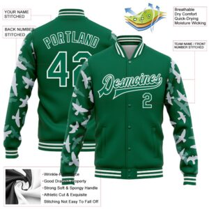 Custom Kelly Green White Flying Bird Sleeves 3D Pattern Design Bomber Full Snap Baseball Jacket Custom Team Jacket 2 tpqvu3.jpg