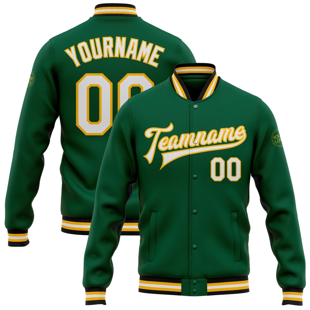 Custom Kelly Green White Gold Bomber Full Snap Baseball Jacket, Custom Team Jacket Custom Kelly Green White Gold Bomber Full Snap Baseball Jacket, Custom Team Jacket