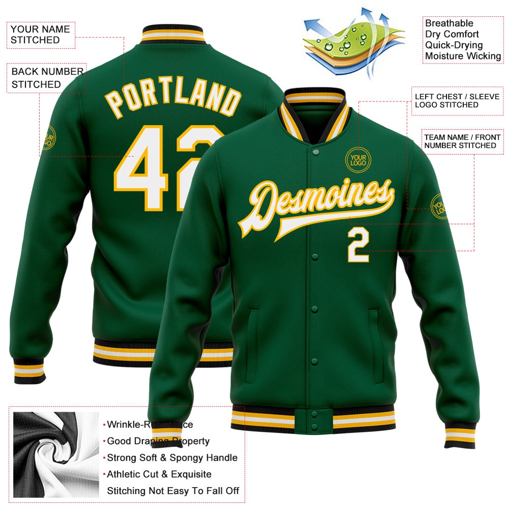 Custom Kelly Green White Gold Bomber Full Snap Baseball Jacket, Custom Team Jacket Custom Kelly Green White Gold Bomber Full Snap Baseball Jacket, Custom Team Jacket