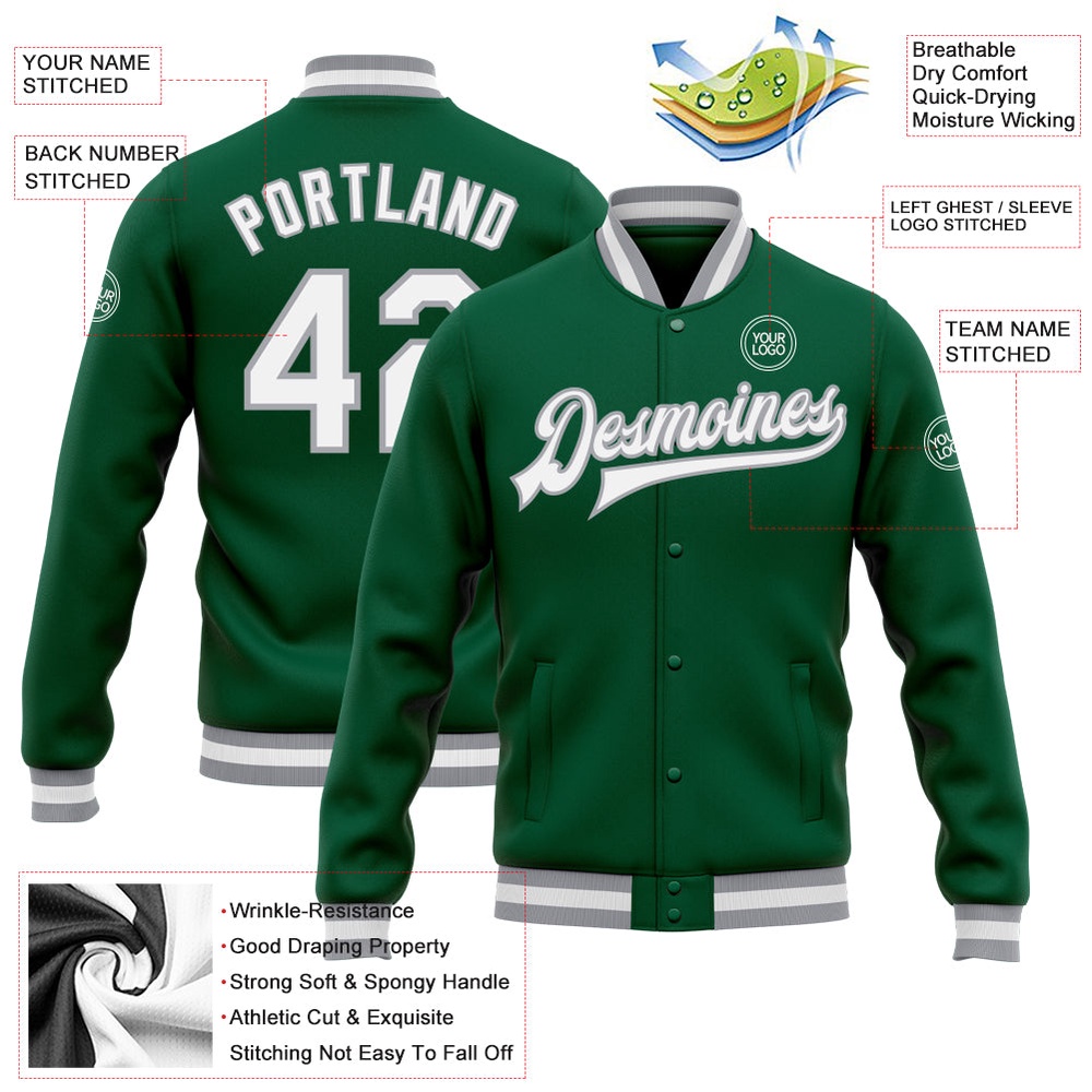 Custom Kelly Green White Gray Bomber Full Snap Baseball Jacket, Custom Team Jacket Custom Kelly Green White Gray Bomber Full Snap Baseball Jacket, Custom Team Jacket