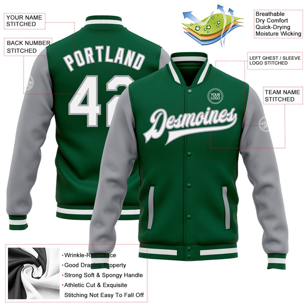 Custom Kelly Green White Gray Bomber Full Snap Varsity Baseball Jacket, Custom Team Jacket Custom Kelly Green White Gray Bomber Full Snap Varsity Baseball Jacket, Custom Team Jacket