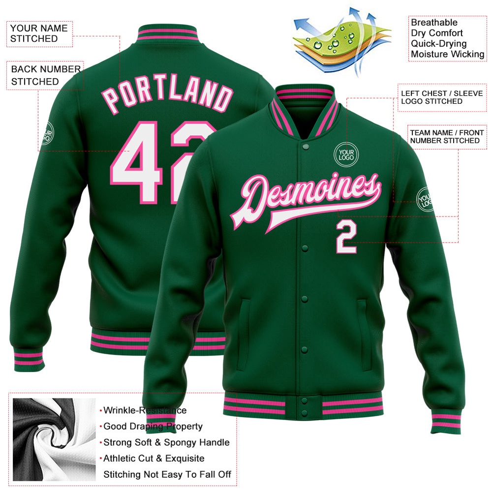 Custom Kelly Green White Pink Bomber Full Snap Baseball Jacket, Custom Team Jacket
