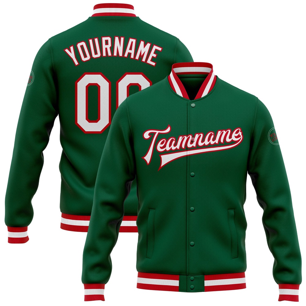 Custom Kelly Green White Red Bomber Full Snap Baseball Jacket, Custom Team Jacket Custom Kelly Green White Red Bomber Full Snap Baseball Jacket, Custom Team Jacket
