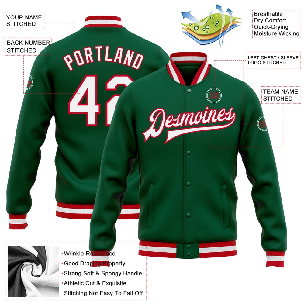 Custom Kelly Green White Red Bomber Full Snap Baseball Jacket, Custom Team Jacket Custom Kelly Green White Red Bomber Full Snap Baseball Jacket, Custom Team Jacket
