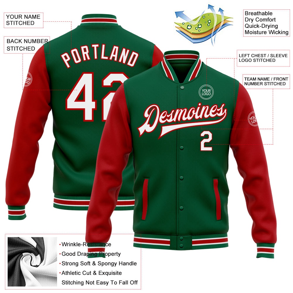Custom Kelly Green White Red Bomber Full Snap Varsity Baseball Jacket, Custom Team Jacket Custom Kelly Green White Red Bomber Full Snap Varsity Baseball Jacket, Custom Team Jacket