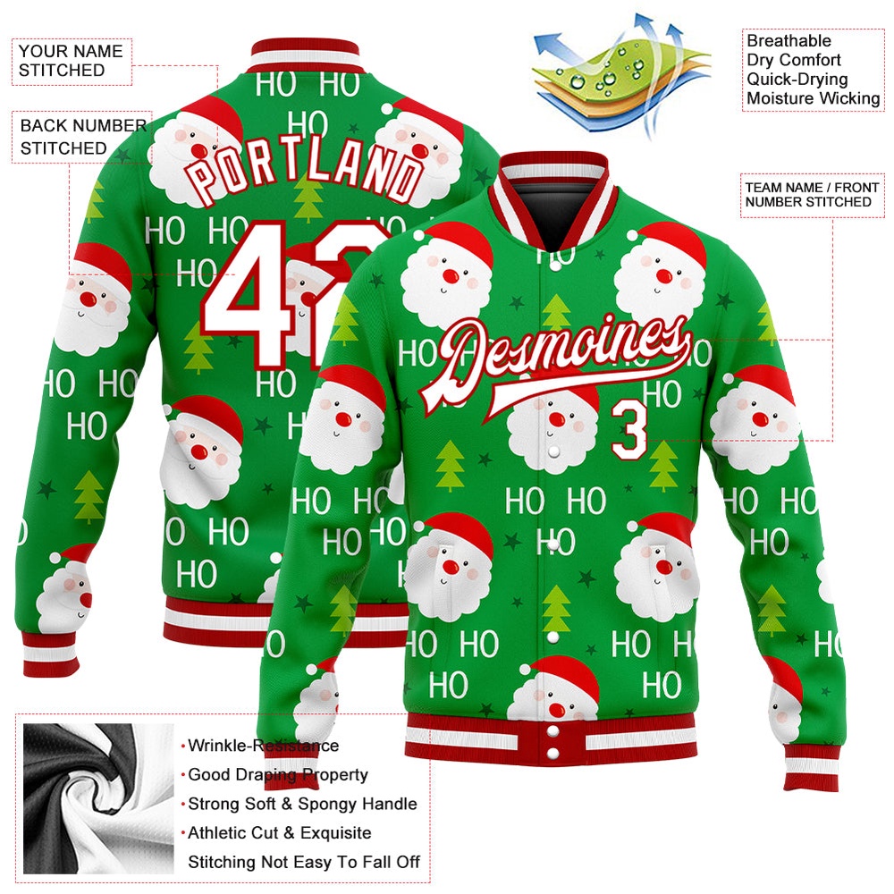 Custom Kelly Green White Red Christmas 3D Bomber Full Snap Baseball Jacket, Custom Team Jacket Custom Kelly Green White Red Christmas 3D Bomber Full Snap Baseball Jacket, Custom Team Jacket