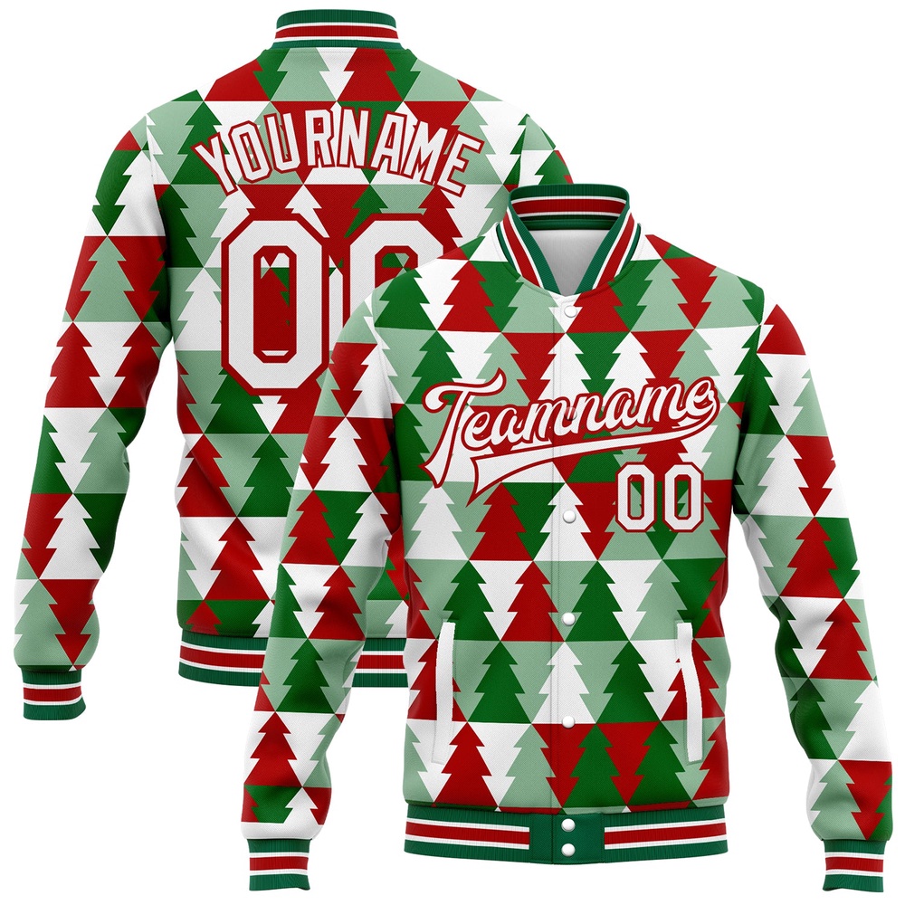 Custom Kelly Green White Red Christmas Tree 3D Bomber Full Snap Baseball Jacket, Custom Team Jacket Custom Kelly Green White Red Christmas Tree 3D Bomber Full Snap Baseball Jacket, Custom Team Jacket