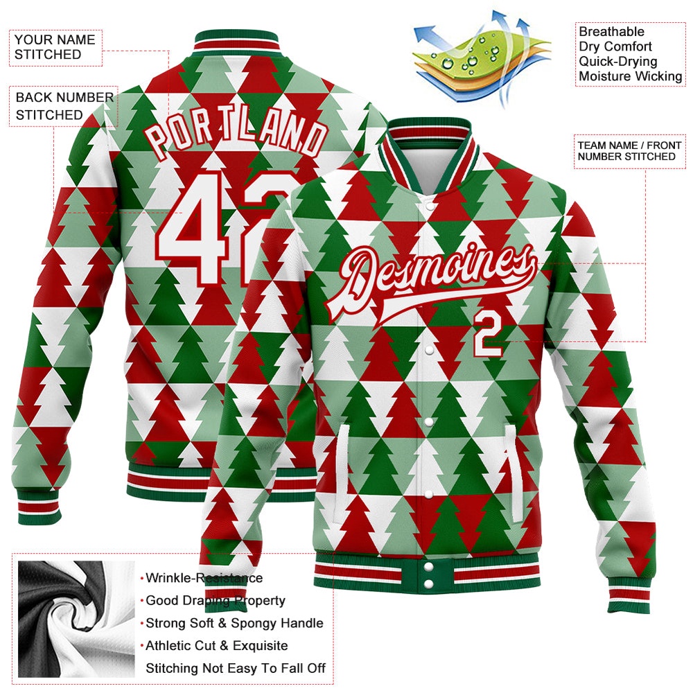 Custom Kelly Green White Red Christmas Tree 3D Bomber Full Snap Baseball Jacket, Custom Team Jacket Custom Kelly Green White Red Christmas Tree 3D Bomber Full Snap Baseball Jacket, Custom Team Jacket
