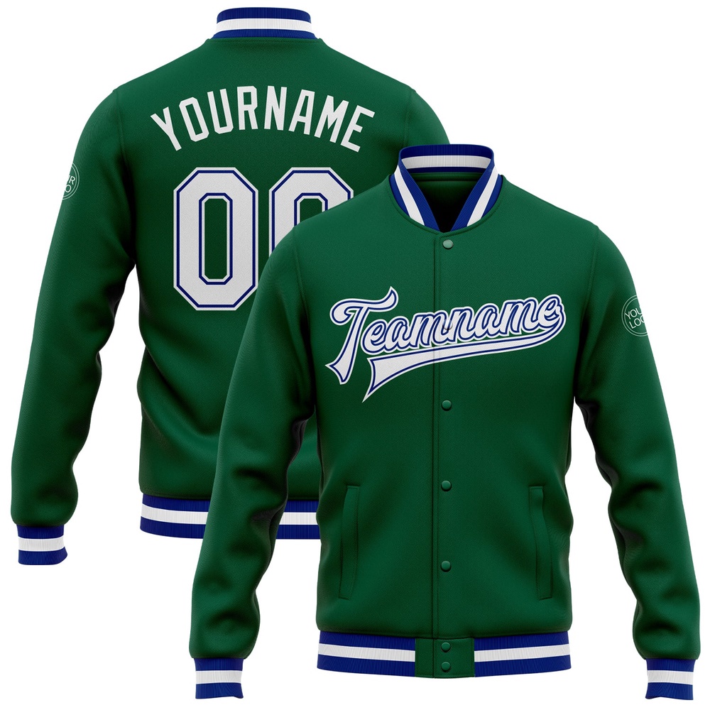 Custom Kelly Green White Royal Bomber Full Snap Baseball Jacket, Custom Team Jacket Custom Kelly Green White Royal Bomber Full Snap Baseball Jacket, Custom Team Jacket