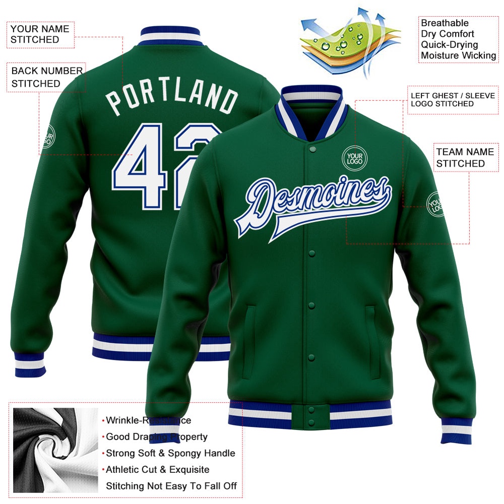 Custom Kelly Green White Royal Bomber Full Snap Baseball Jacket, Custom Team Jacket Custom Kelly Green White Royal Bomber Full Snap Baseball Jacket, Custom Team Jacket